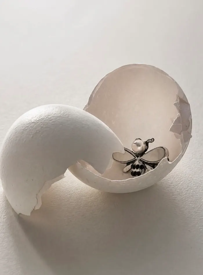 Eggshell & Brooch - o broșă în formă de albină, în interiorul unei coji de ou sparte, o compoziție minimală de produs.