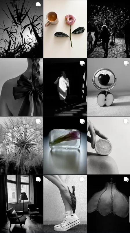 Large preview of the @miriam.bonasi Instagram feed grid, illustrating the visual identity system
