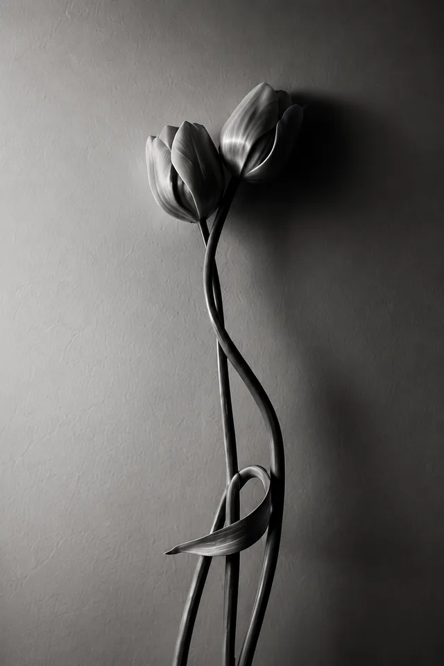 Three tulips against a textured wall, intertwined stems.